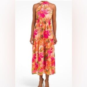 NICOLE MILLER  floral sleeveless halter dress, XL, sheer,chiffon,lined,tiered.